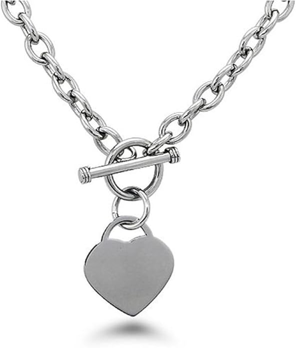 High Polished Stainless Steel Heart Charm Cable Chain Necklace with Toggle Clasp Silver Length 16"- 25"