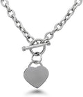 High Polished Stainless Steel Heart Charm Cable Chain Necklace with Toggle Clasp Silver Length 16"- 25"