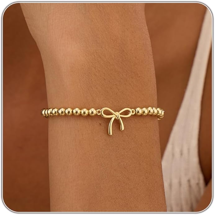 Beaded Bracelets for Women 14K Silver Gold Plated Stretch Handmade Ball Bracelets Cute Charm Bracelet Dainty Stackable Cross Heart Bow Wave CZ Circle Trendy Jewelry Easter Gifts