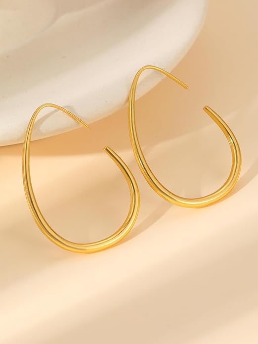 1Pair Gold Tone Hoop Earrings, Open Oval Design, Fashion Jewelry for Women, Trendy Accessories for Casual Wear, Stylish Earring for Everyday Use (Golden)