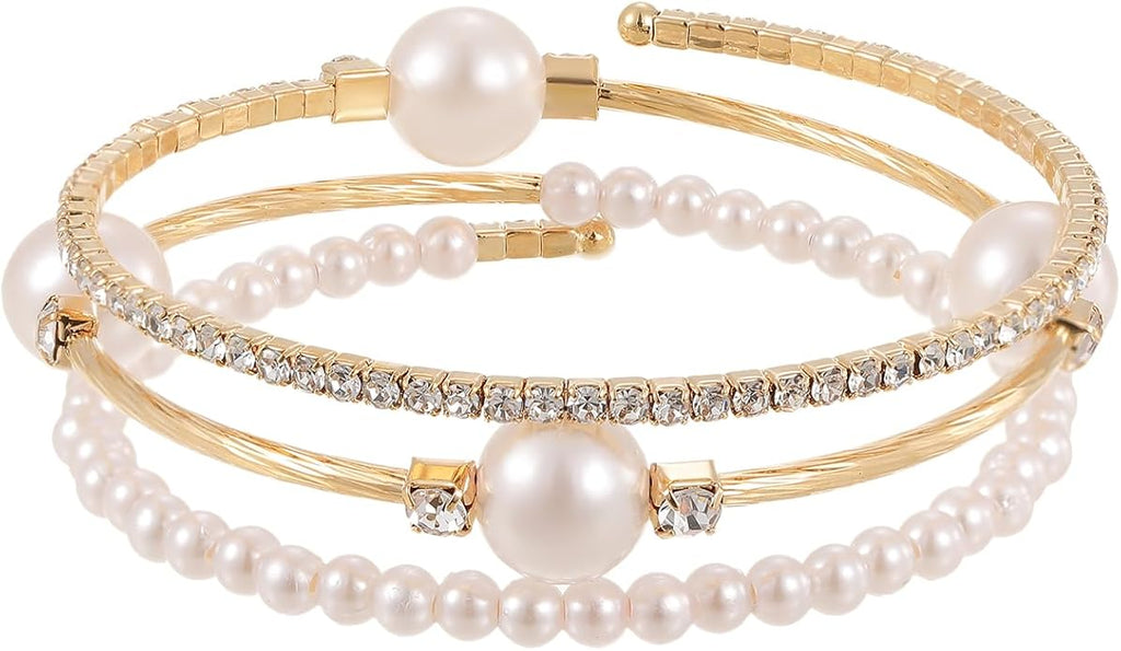 1PC Gold Layered Bangle Bracelet Set for Women, Elegant and Creative Faux Pearl Rhinestone Encrusted Bangle Bracelet for Women - Fashion Party Accessory