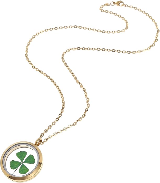 Gold/Silver Tone Dried Leaves Lucky 4-Leaf Clover Round Glass Stainless Steel Locket Pendant Necklace