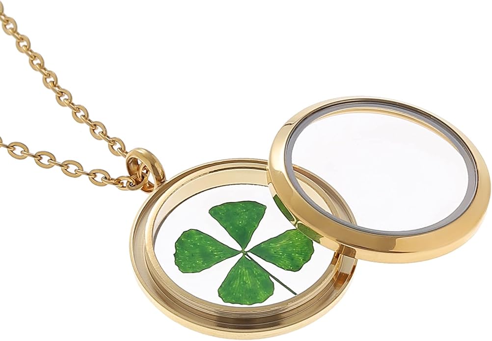 Gold/Silver Tone Dried Leaves Lucky 4-Leaf Clover Round Glass Stainless Steel Locket Pendant Necklace