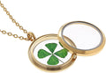 Gold/Silver Tone Dried Leaves Lucky 4-Leaf Clover Round Glass Stainless Steel Locket Pendant Necklace
