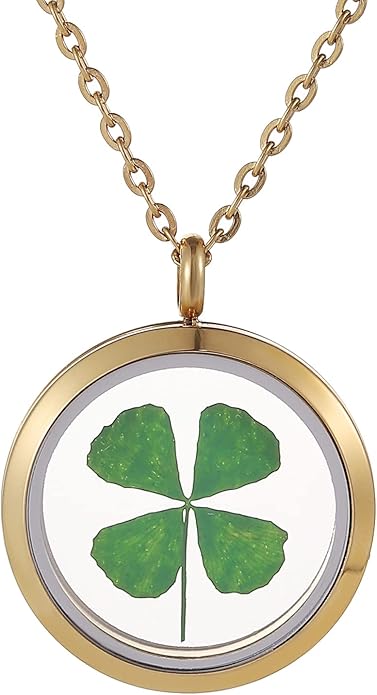 Gold/Silver Tone Dried Leaves Lucky 4-Leaf Clover Round Glass Stainless Steel Locket Pendant Necklace