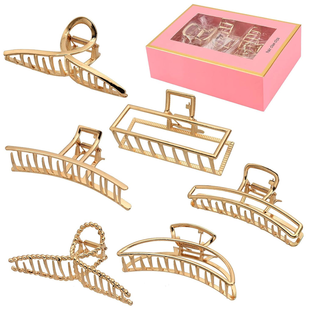 6 Pack Gold Metal Hair Clips - 4 Inch Large Jaw Clips for Women, Strong Hold Hair Claws for Thick or Thin Hair, Fashion Hair Accessories for Styling