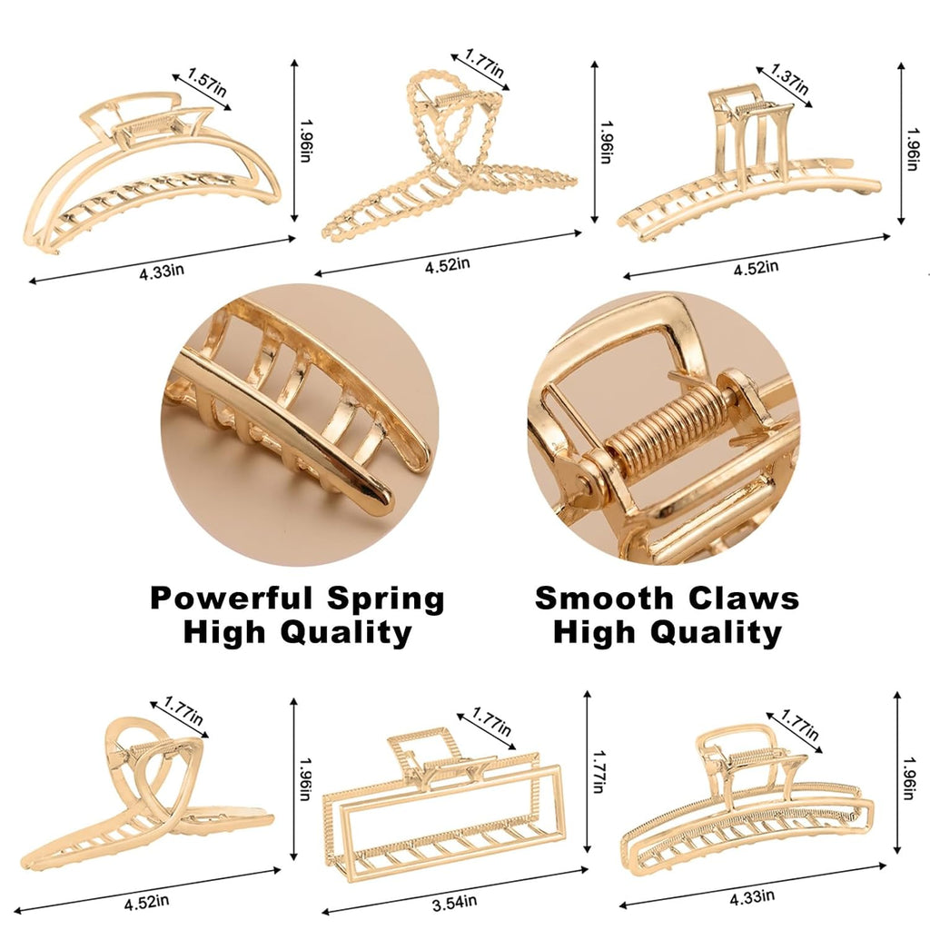 6 Pack Gold Metal Hair Clips - 4 Inch Large Jaw Clips for Women, Strong Hold Hair Claws for Thick or Thin Hair, Fashion Hair Accessories for Styling