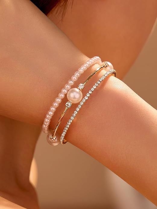 1PC Gold Layered Bangle Bracelet Set for Women, Elegant and Creative Faux Pearl Rhinestone Encrusted Bangle Bracelet for Women - Fashion Party Accessory