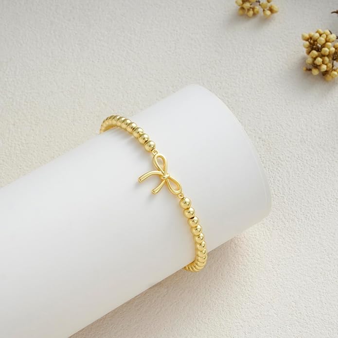 Beaded Bracelets for Women 14K Silver Gold Plated Stretch Handmade Ball Bracelets Cute Charm Bracelet Dainty Stackable Cross Heart Bow Wave CZ Circle Trendy Jewelry Easter Gifts