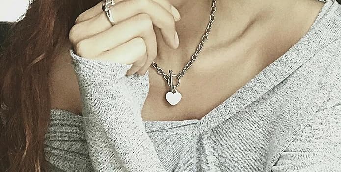 High Polished Stainless Steel Heart Charm Cable Chain Necklace with Toggle Clasp Silver Length 16"- 25"