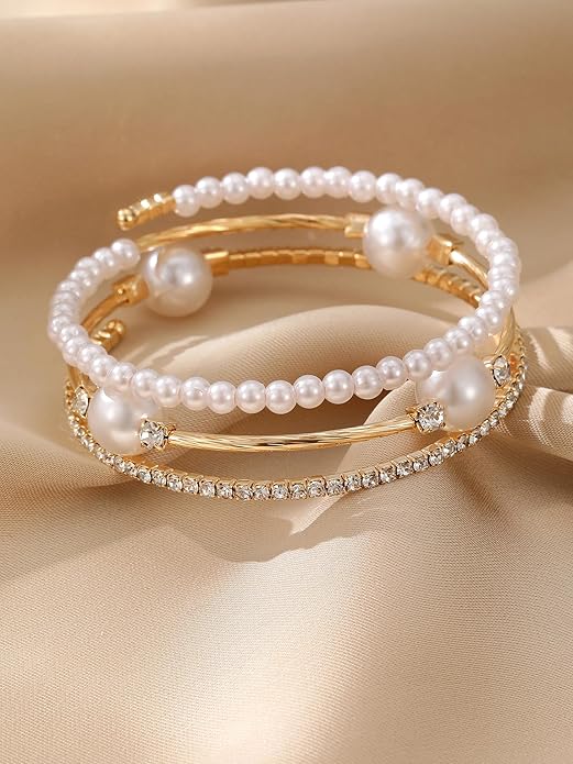 1PC Gold Layered Bangle Bracelet Set for Women, Elegant and Creative Faux Pearl Rhinestone Encrusted Bangle Bracelet for Women - Fashion Party Accessory