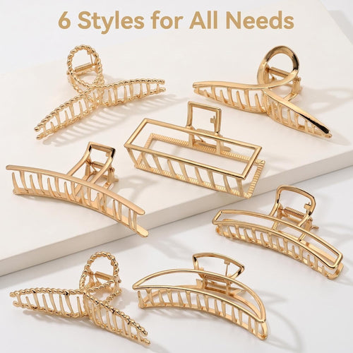 6 Pack Gold Metal Hair Clips - 4 Inch Large Jaw Clips for Women, Strong Hold Hair Claws for Thick or Thin Hair, Fashion Hair Accessories for Styling